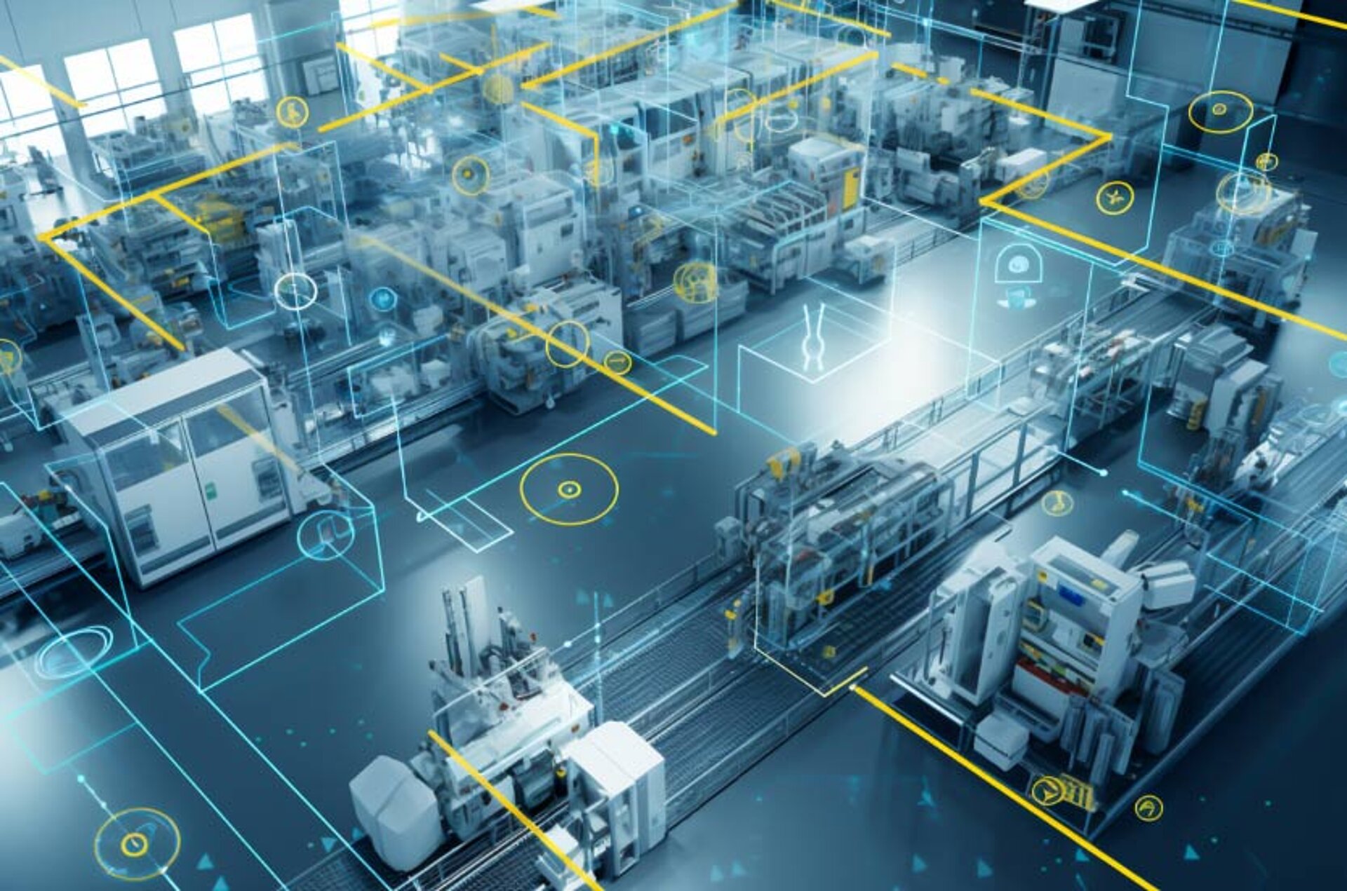 Moderne Fertigungsanlage mit digitaler Vernetzung und automatisierten Maschinen in einem industriellen Umfeld.